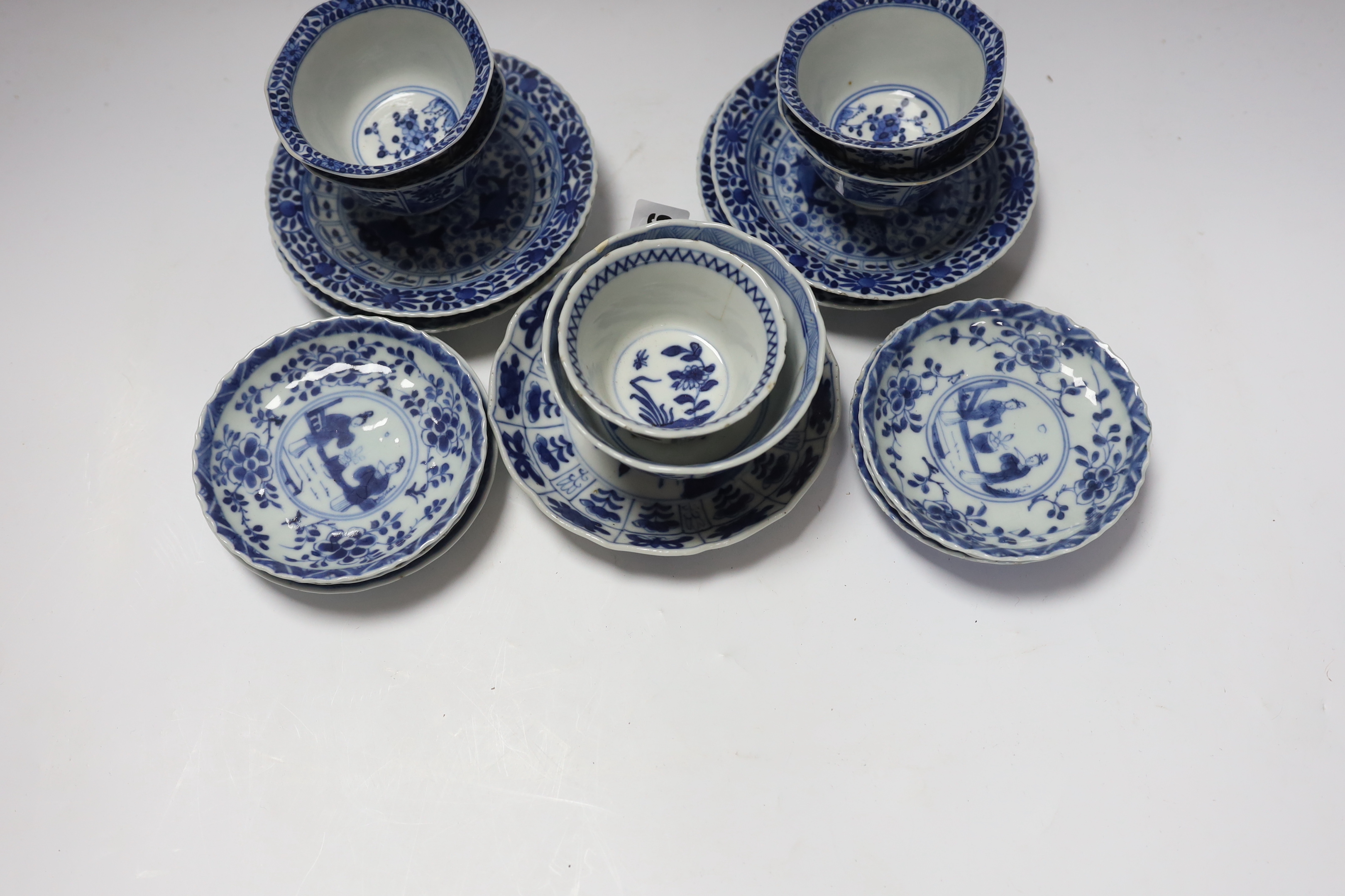 Two pairs of 19th century Chinese blue and white teabowls and saucers, a set of six other blue and white saucers, another and a teabowl, all 19th century (17)